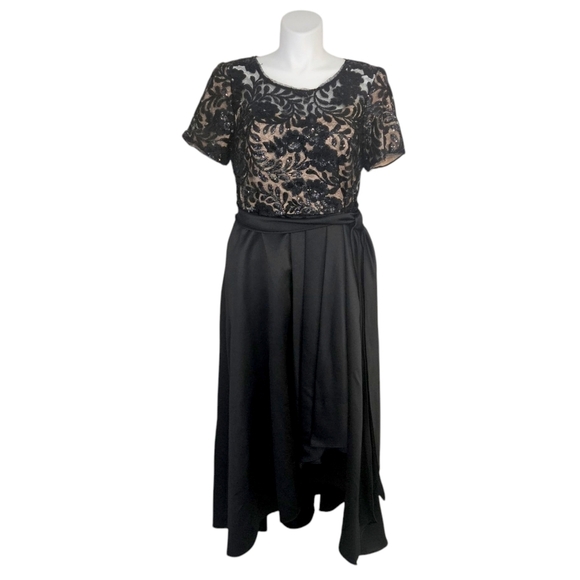 R&M Richards Black Satin & Sequined Lace A-Line High-Low Maxi Dress - Picture 5 of 14